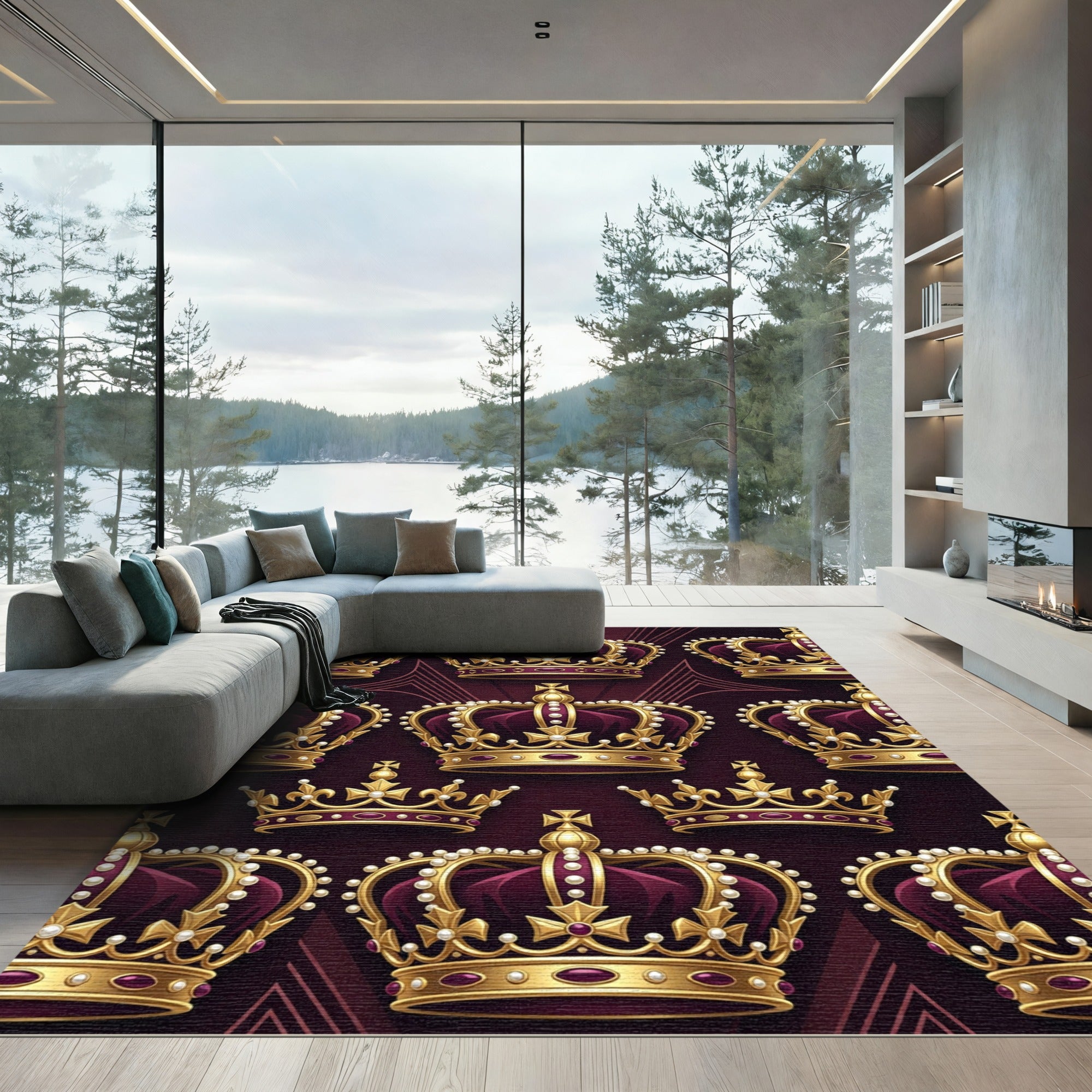 Regal Gold Crown Burgundy Damask Rug