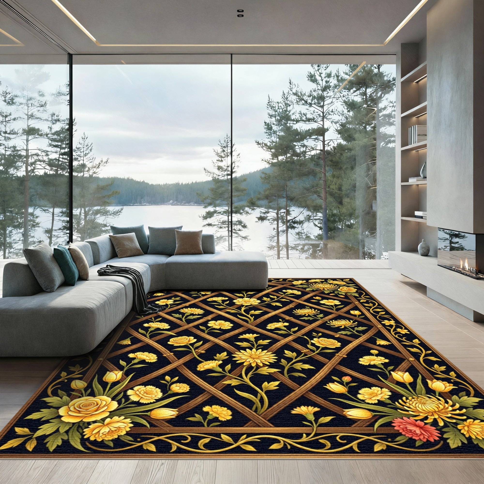 Golden Floral Lattice Trellis Art Rug