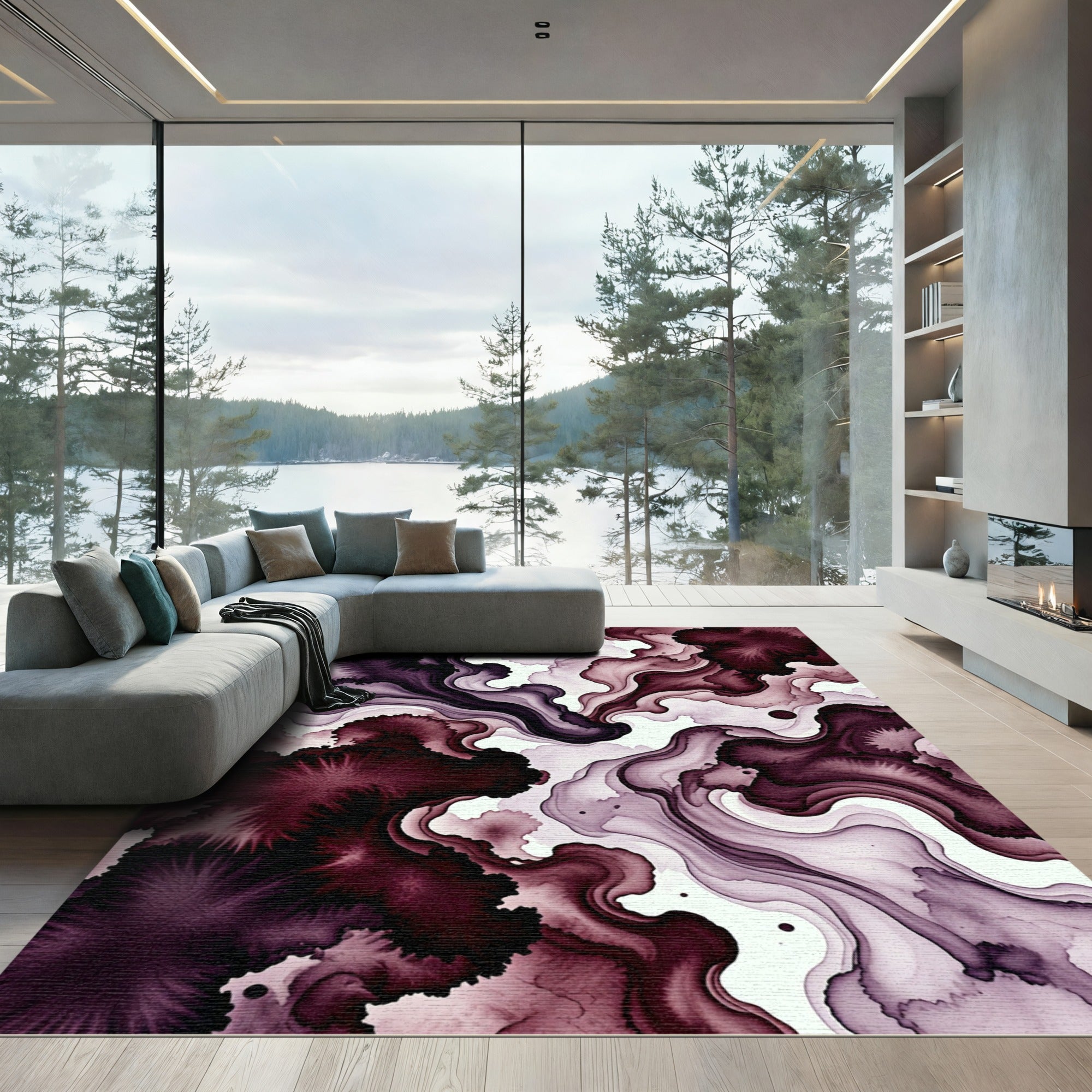 Deep Wine Fluid Ink Abstract Wave Rug