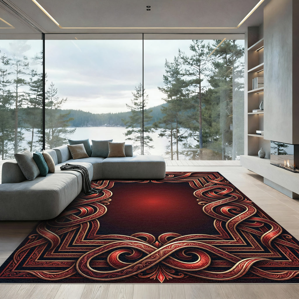 Rich Red Gold Interlocking Knot Frame Rug