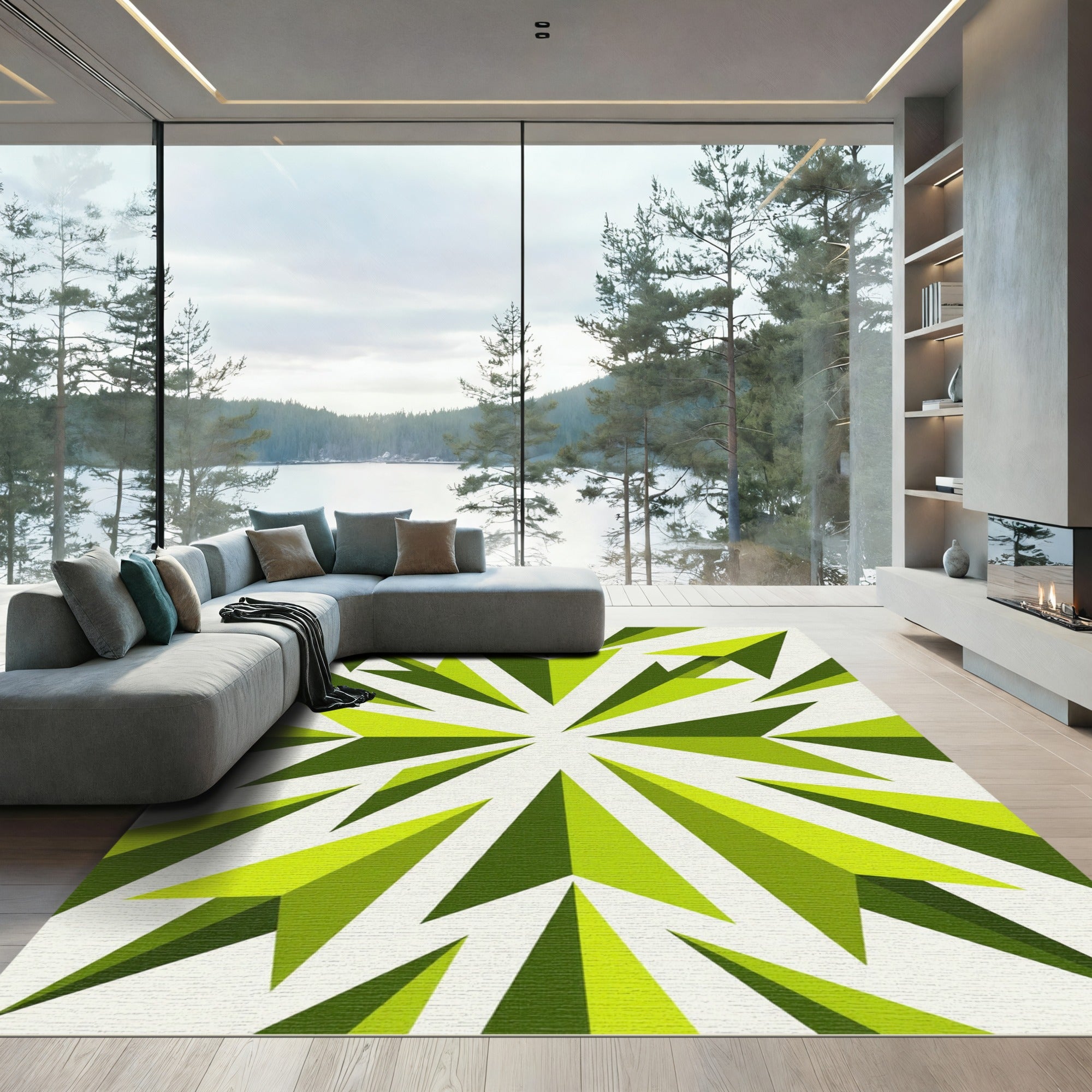 Modern Lime Geometric Starburst Tile Rug