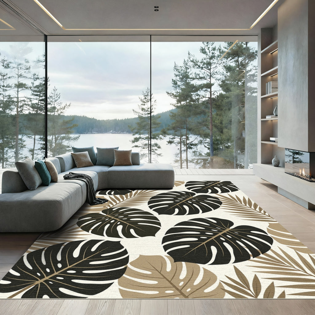 Tropical Monstera Palm Leaf Beige Black Rug