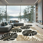 Tropical Monstera Palm Leaf Beige Black Rug