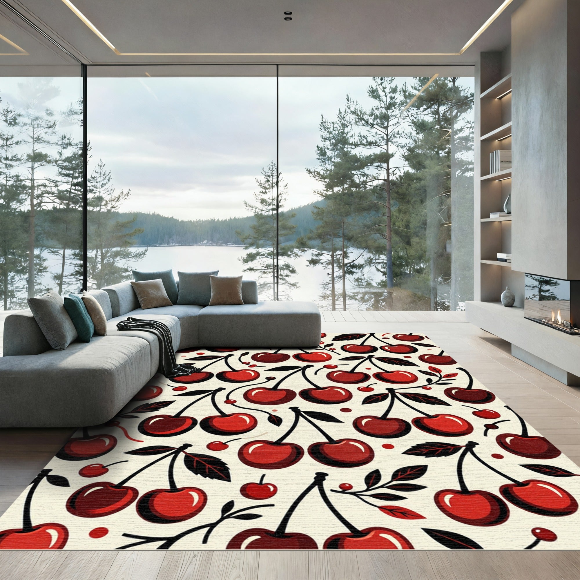 Whimsical Crimson Cherry Fruit Illustration Rug