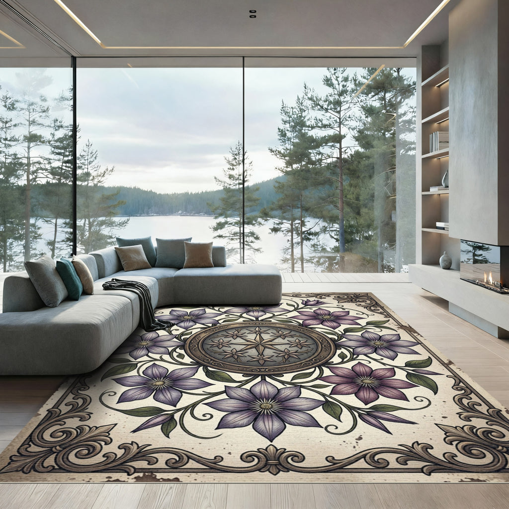 Vintage Violet Clematis Floral Compass Rug