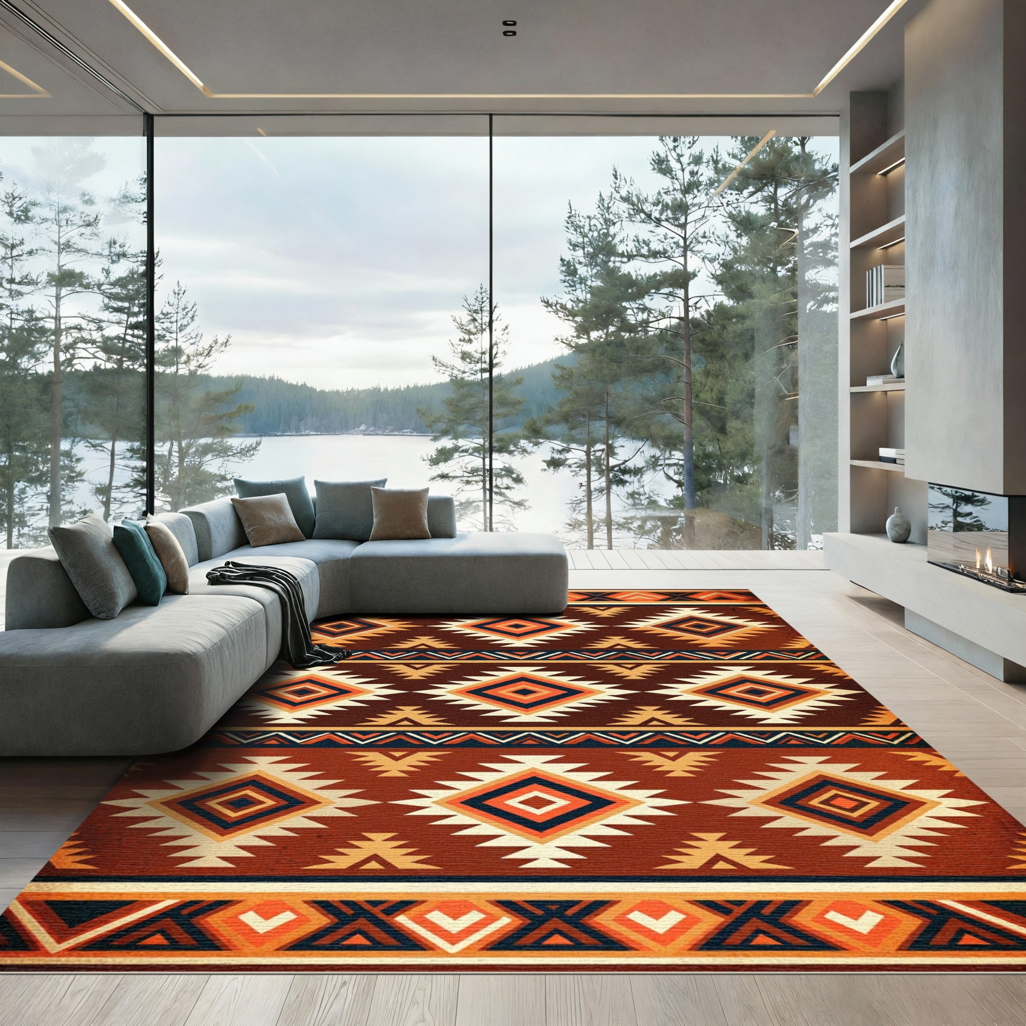 Rustic Terracotta Geometric Diamond Aztec Rug