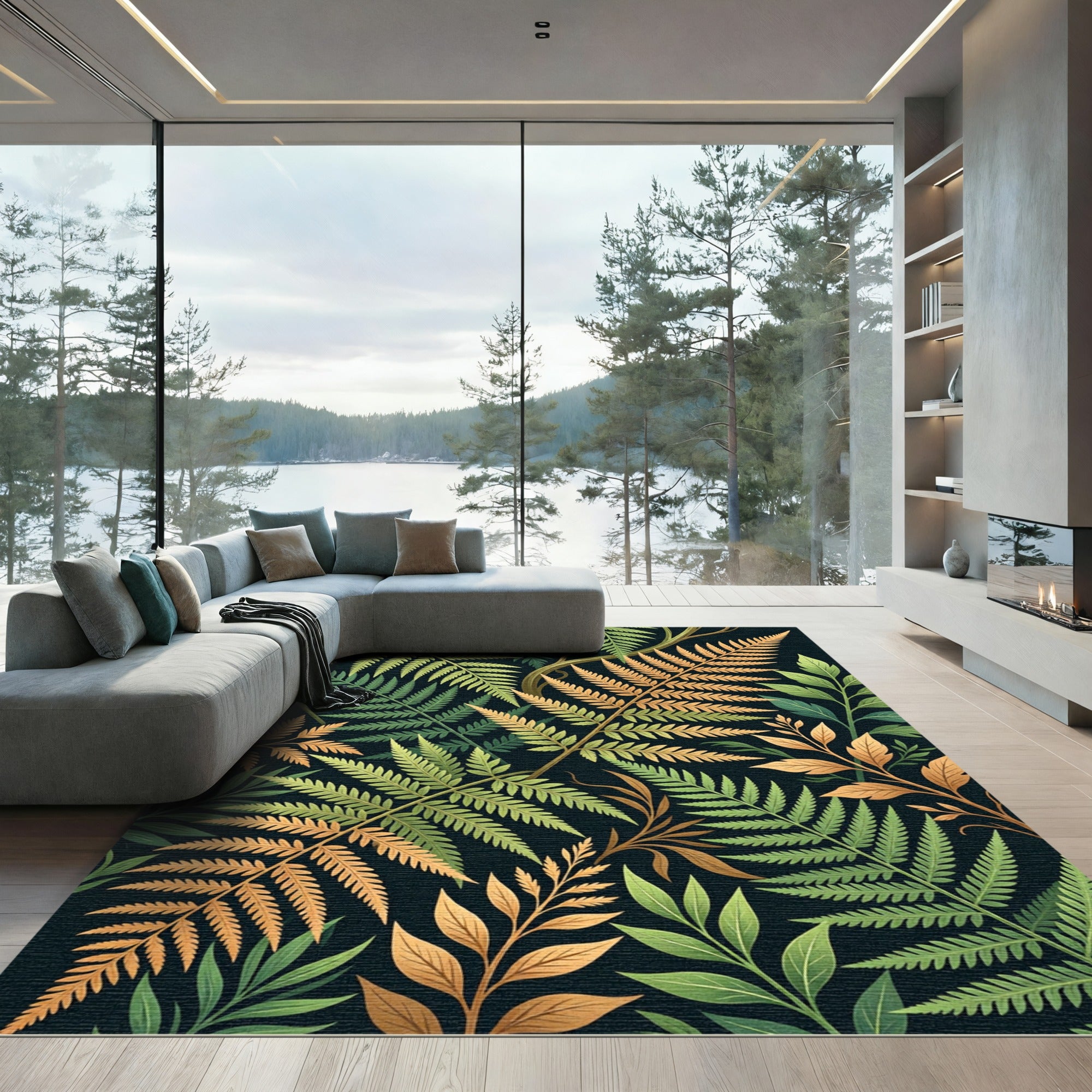 Lush Tropical Fern Golden Foliage Rug