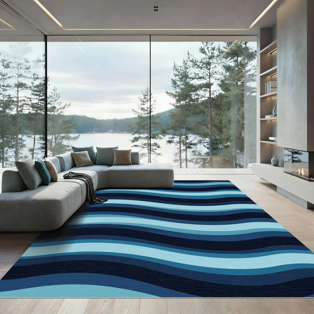 Modern Wavy Gradient Blue Abstract Rug