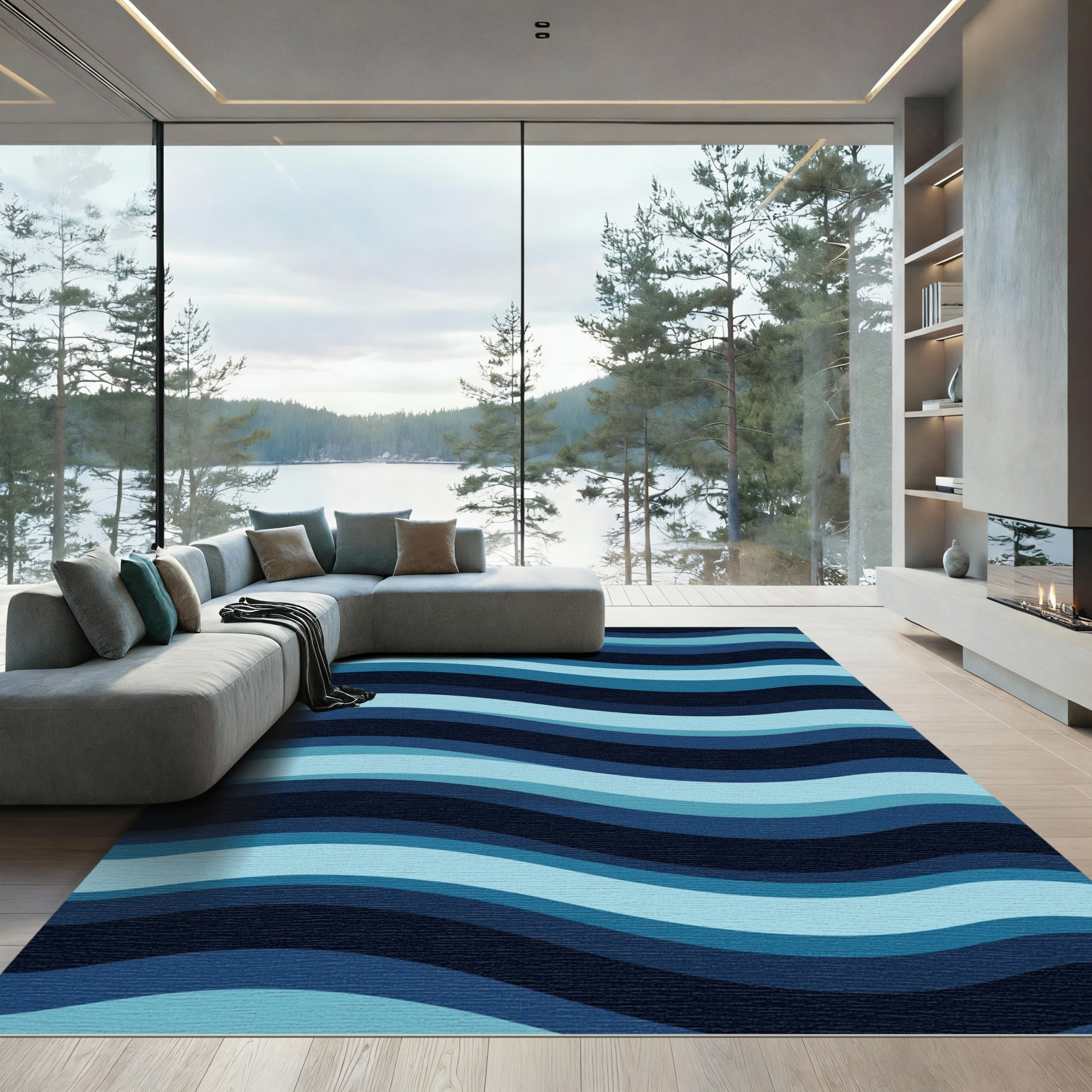 Modern Wavy Gradient Blue Abstract Rug