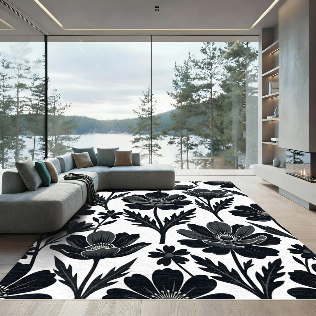 Sophisticated Monochrome Black Floral Botanical Rug