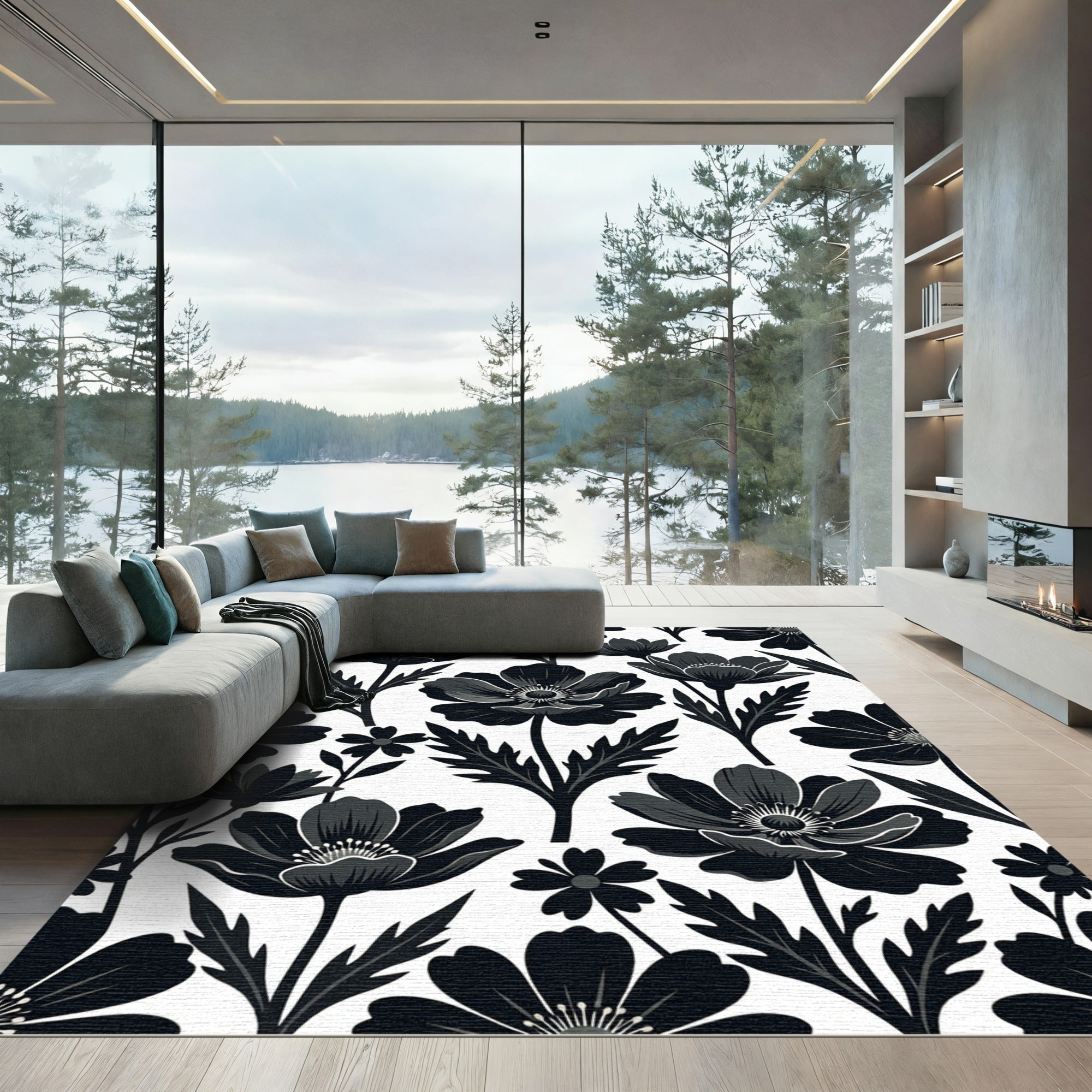 Sophisticated Monochrome Black Floral Botanical Rug