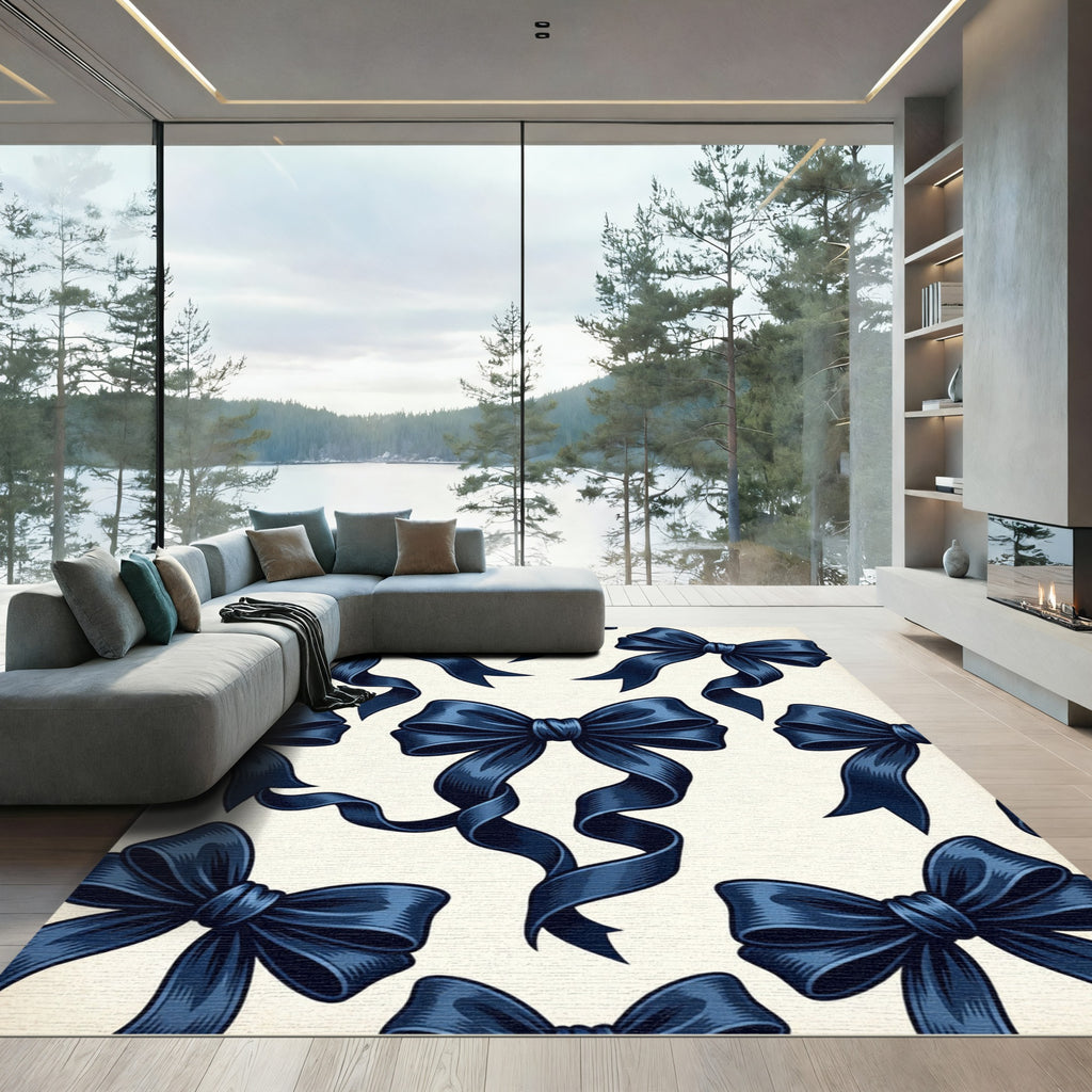 Navy Blue Elegant Ribbon Bows Rug