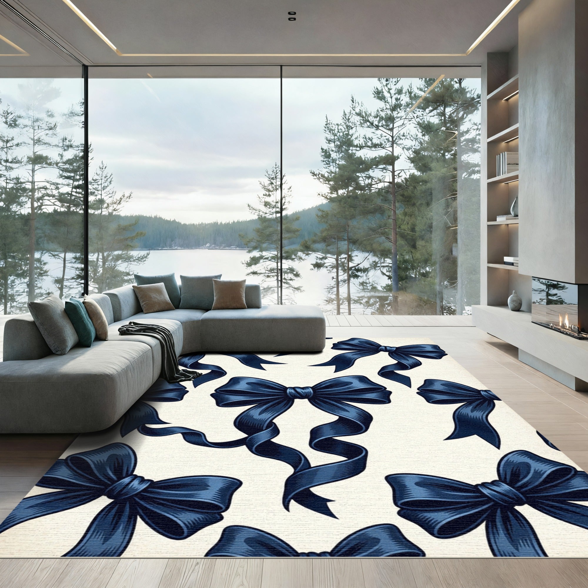 Navy Blue Elegant Ribbon Bows Rug