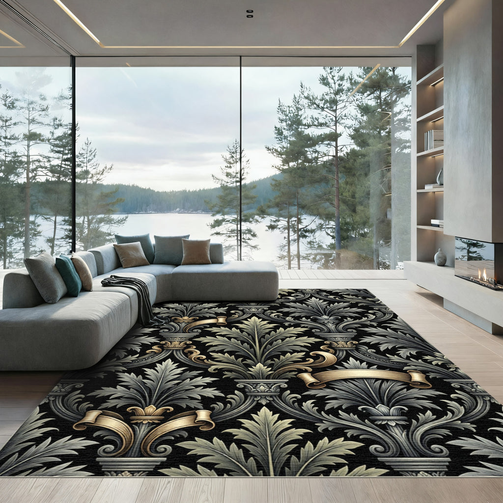 Ornate Charcoal Gold Acanthus Scroll Rug