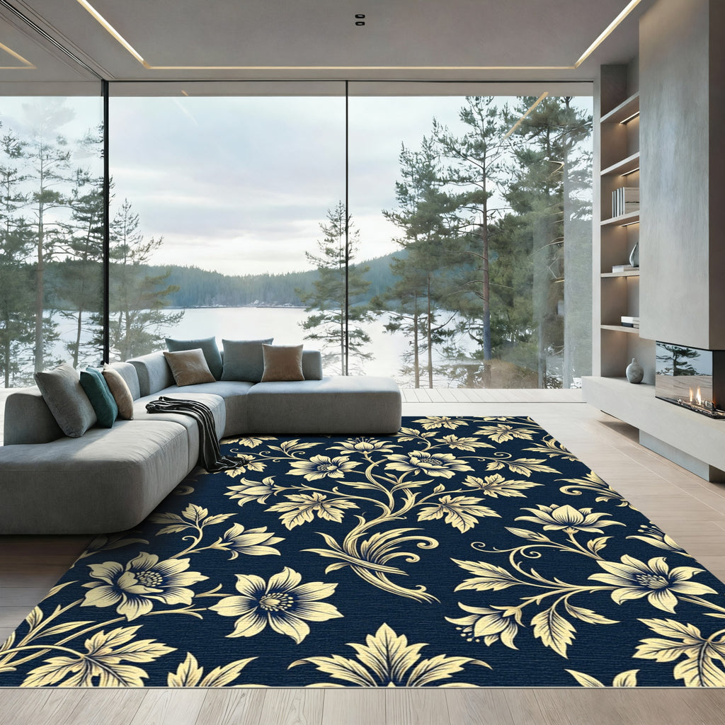 Elegant Navy and Cream Floral Damask Rug