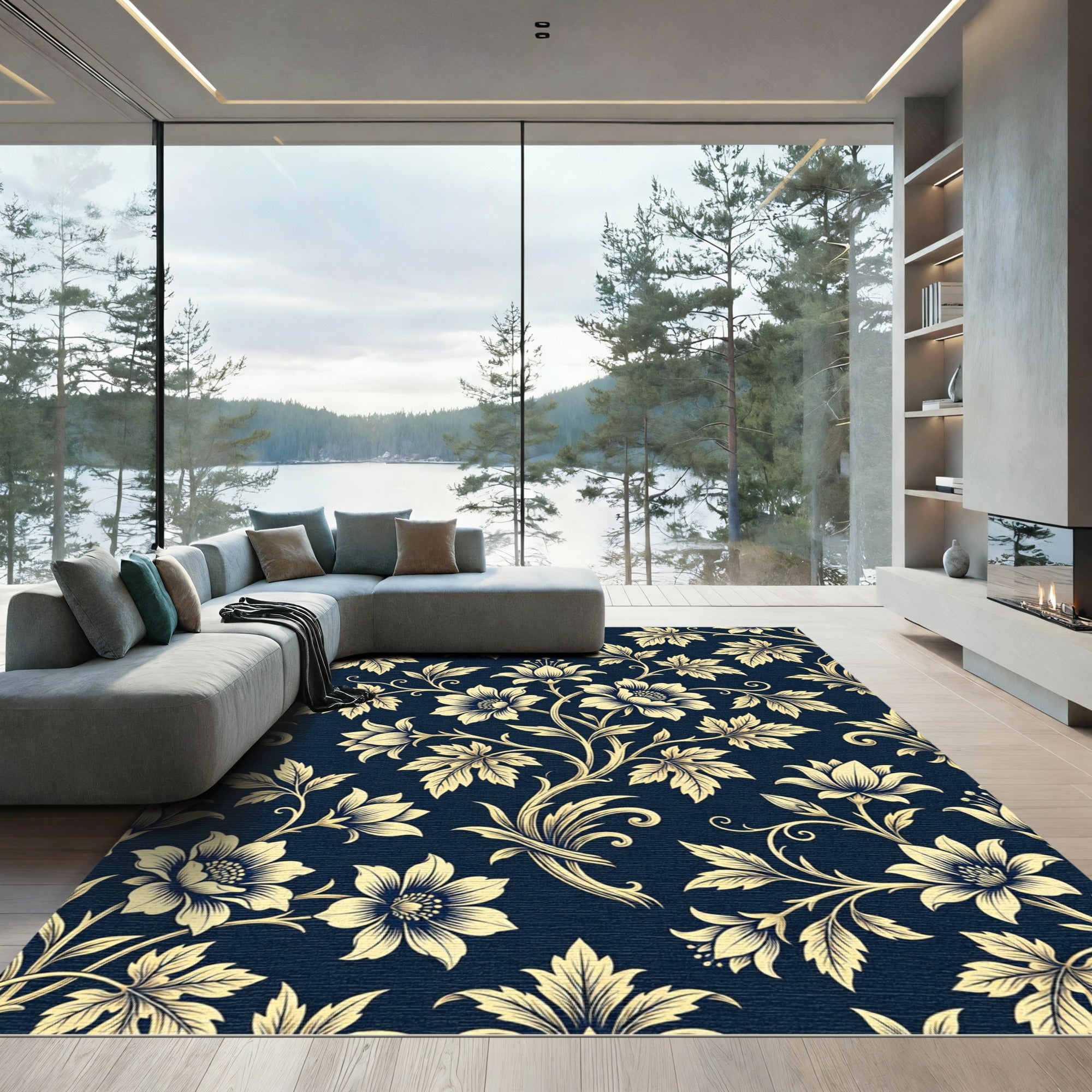 Elegant Navy and Cream Floral Damask Rug