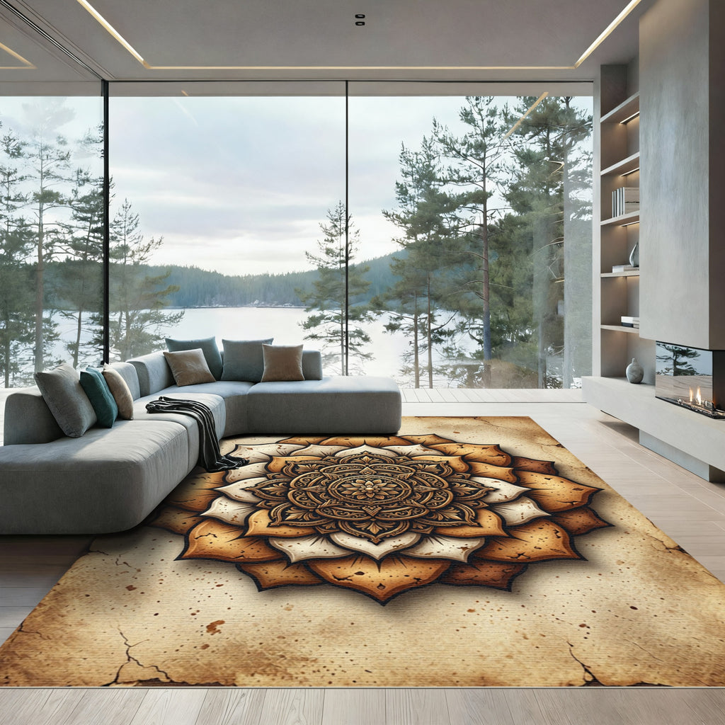 Earthy Golden Mandala Floral Round Rug