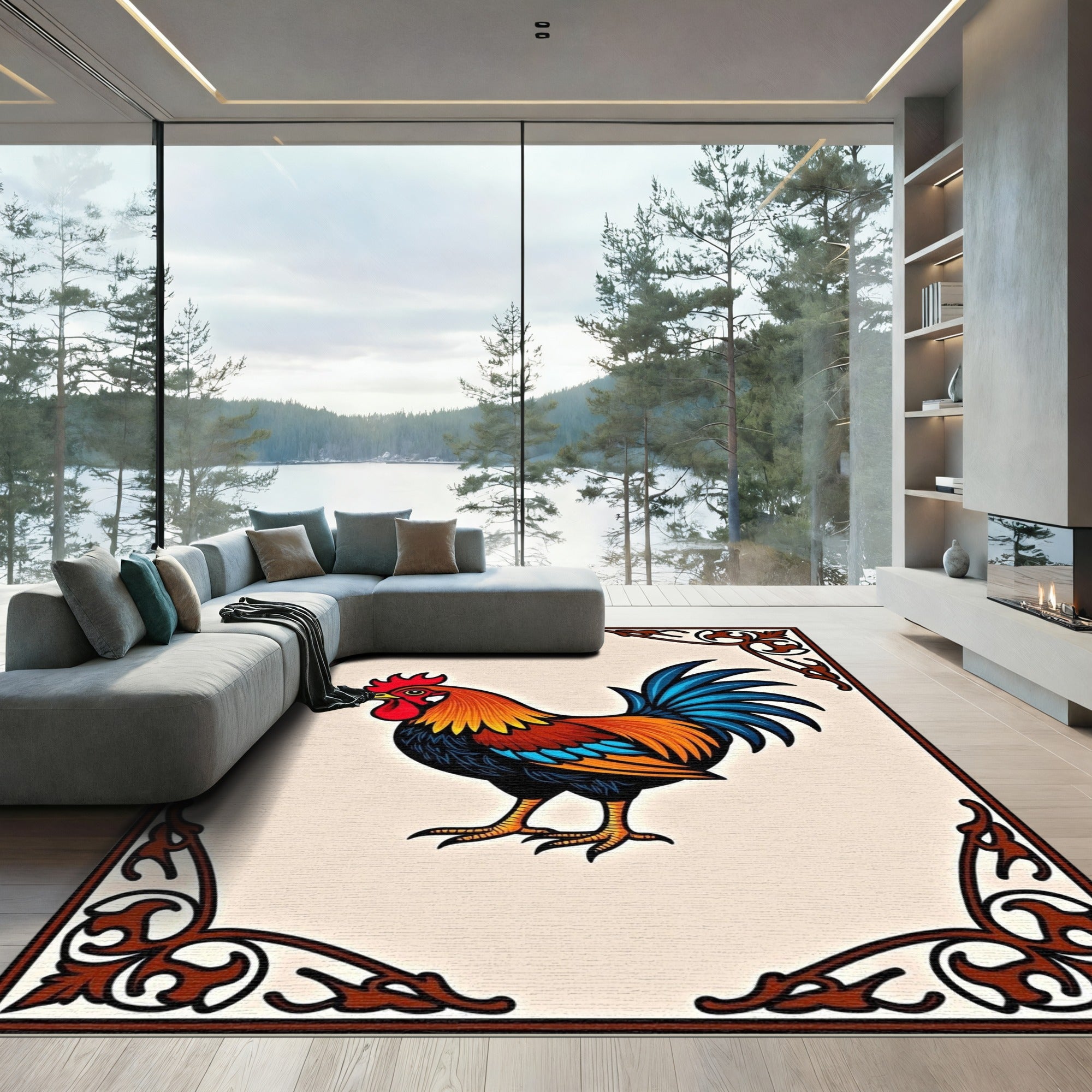 Enchanting Rooster Floral Border Rug