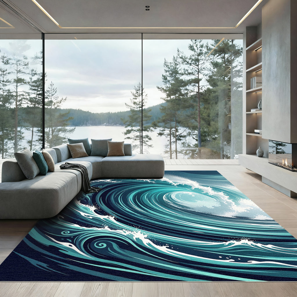 Dynamic Teal Ocean Wave Swirl Rug