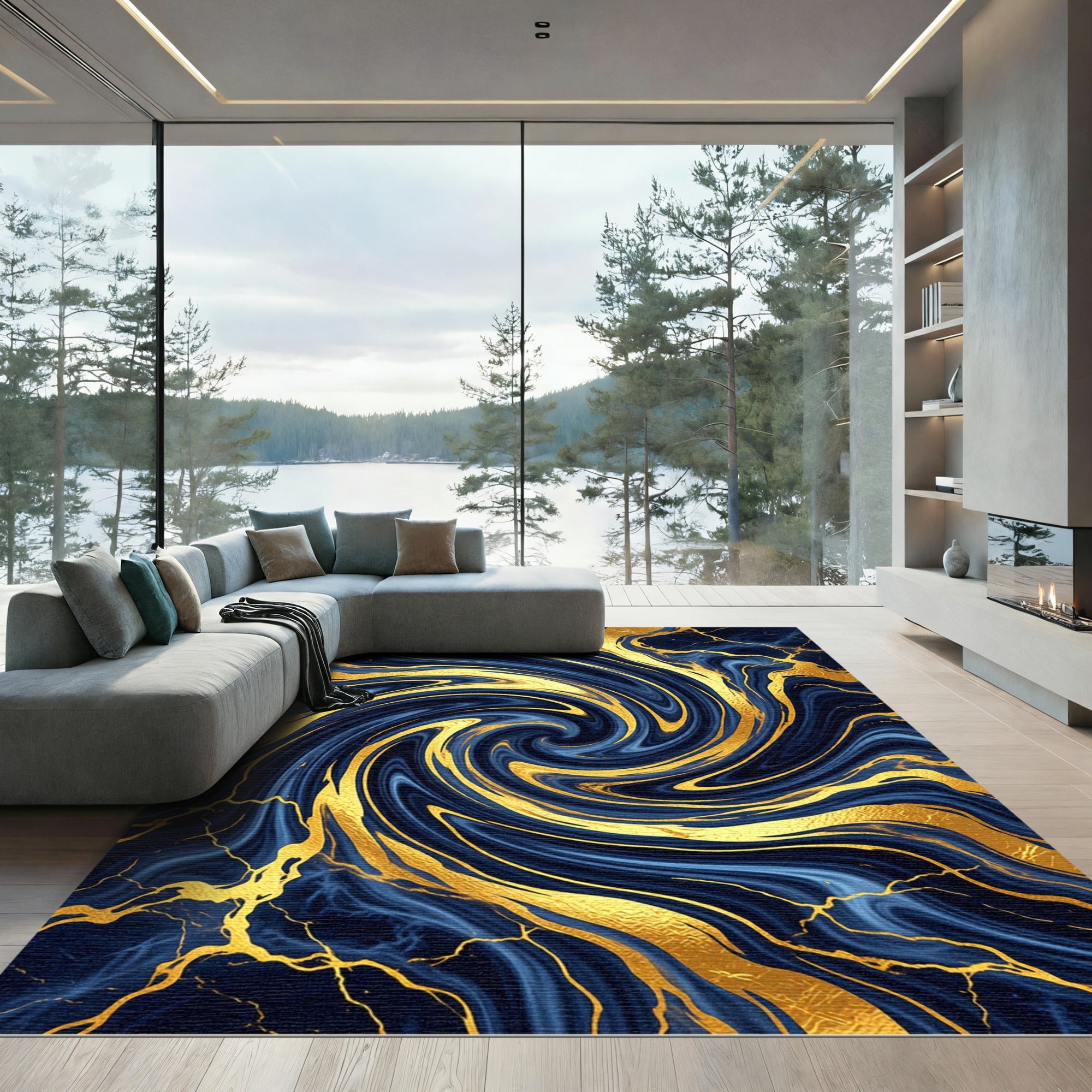 Luxury Navy Marble Golden Swirl Rug