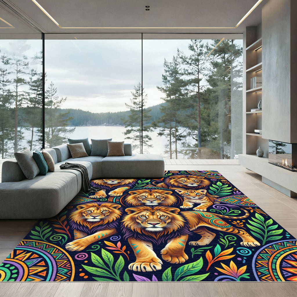 Vibrant Lion Jungle Mandala Tribal Art Rug