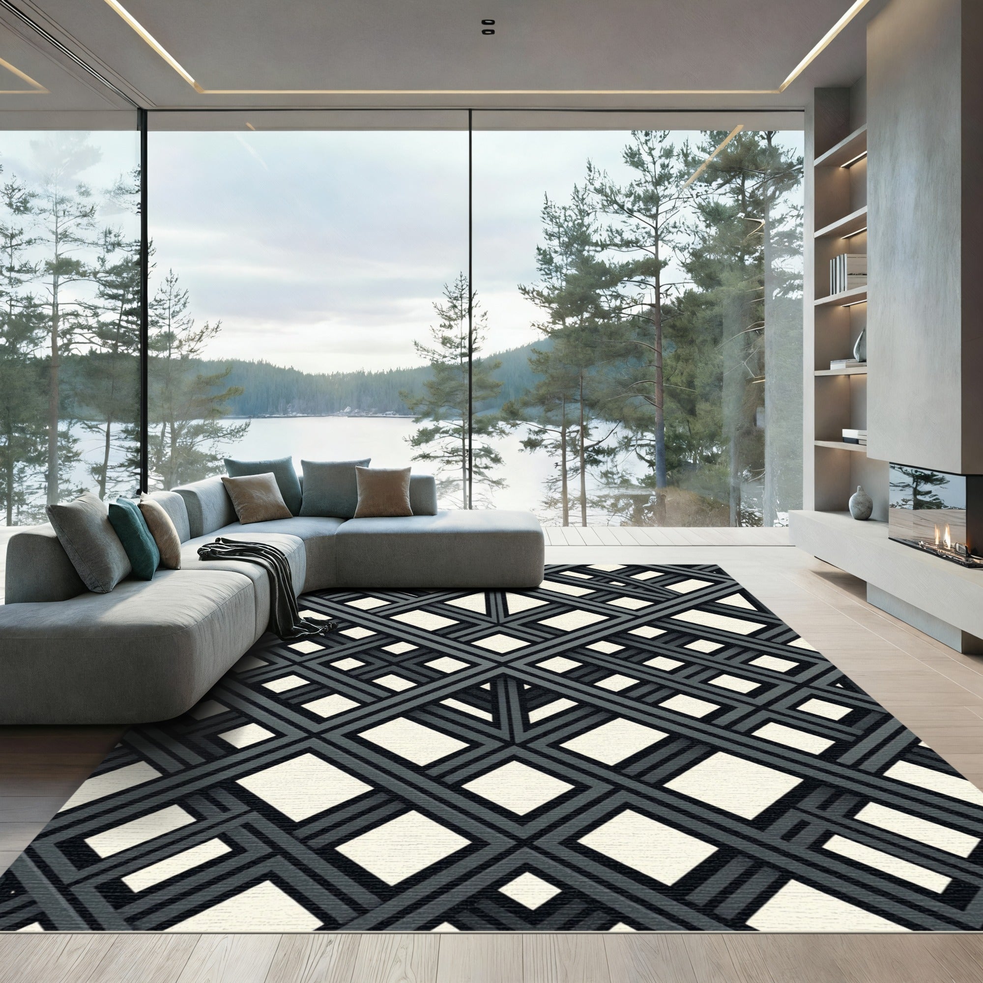 Monochrome Geometric Intersecting Linear Grid Rug