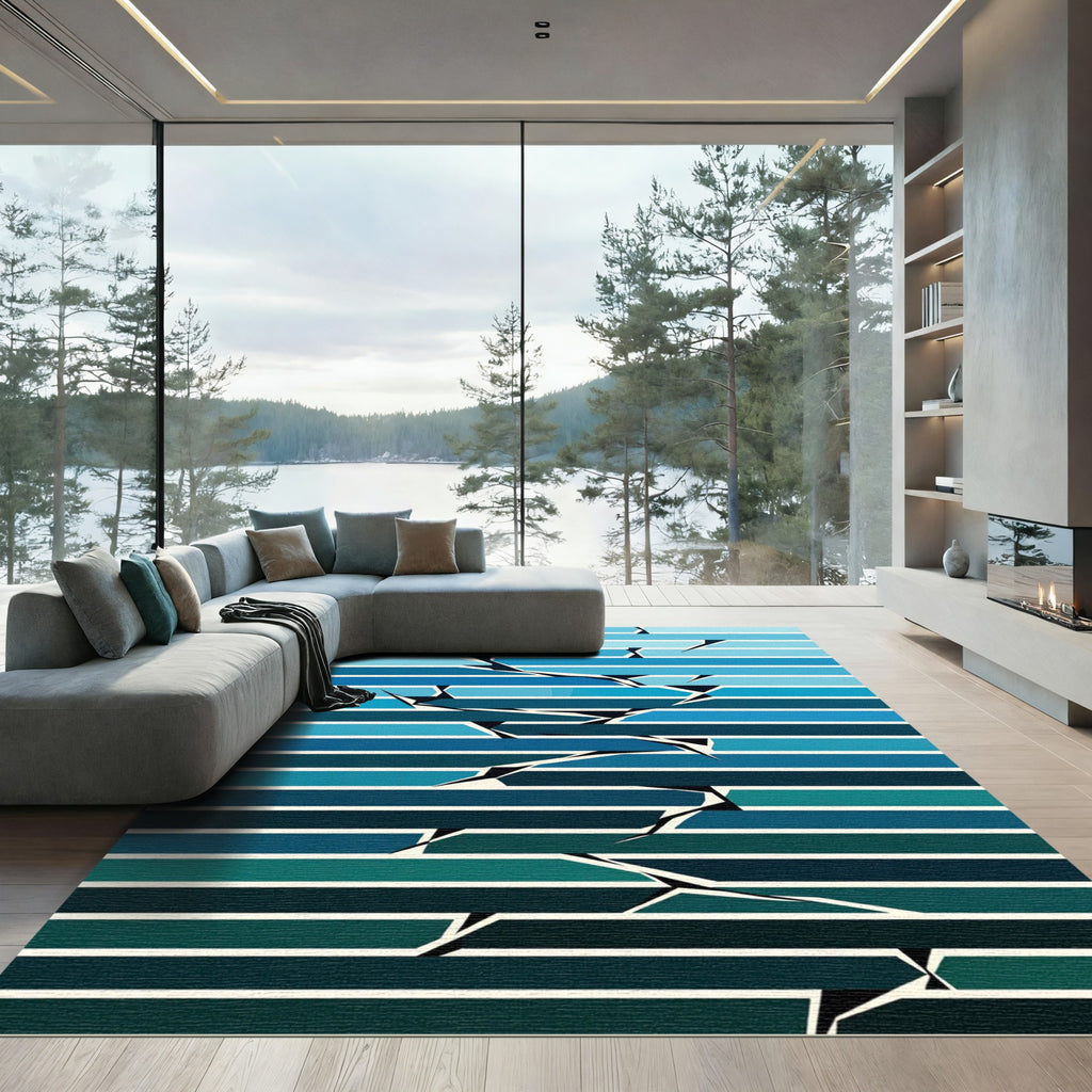 Deep Teal Blue Gradient Shattered Lines Rug