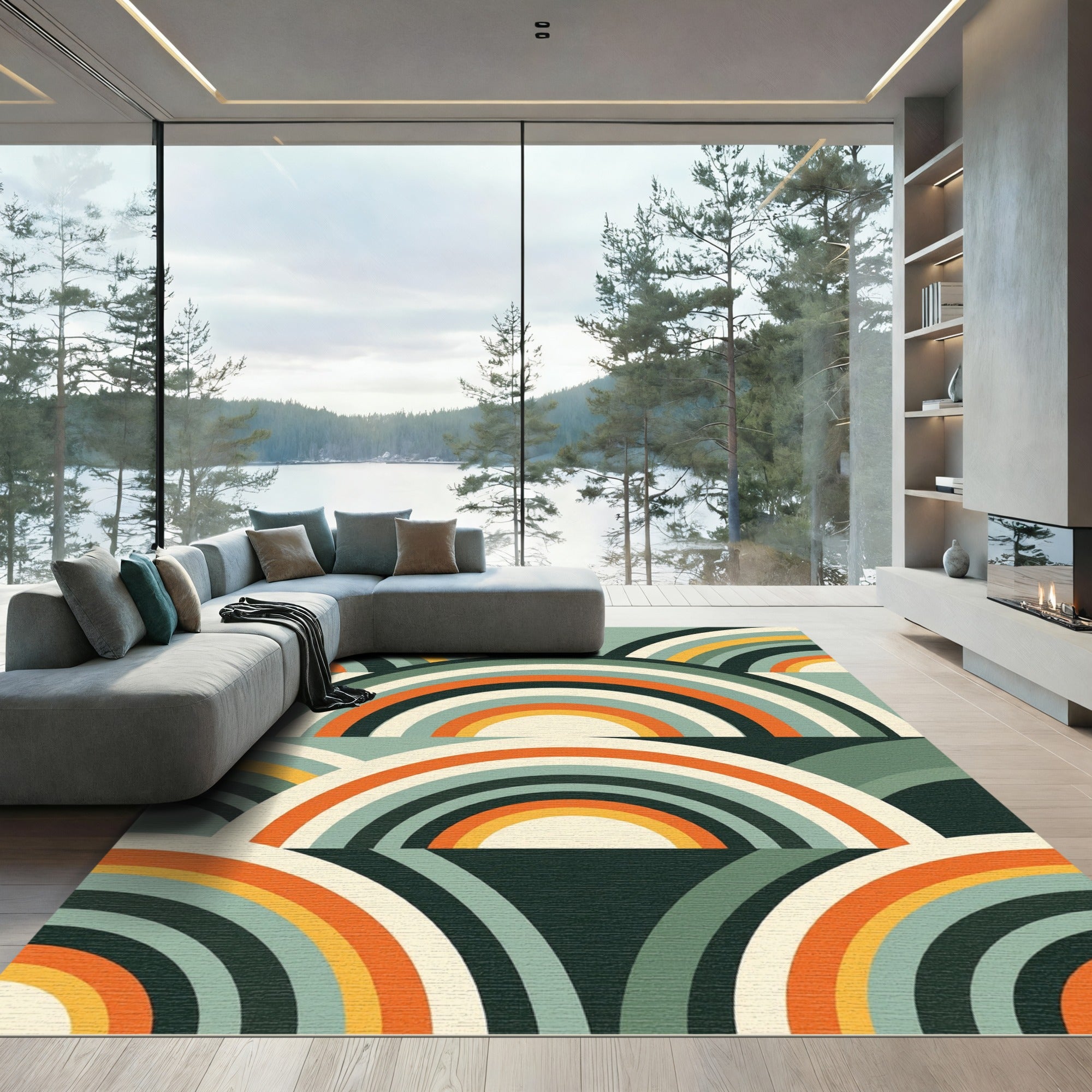 Mid-Century Retro Arched Teal Orange Rug