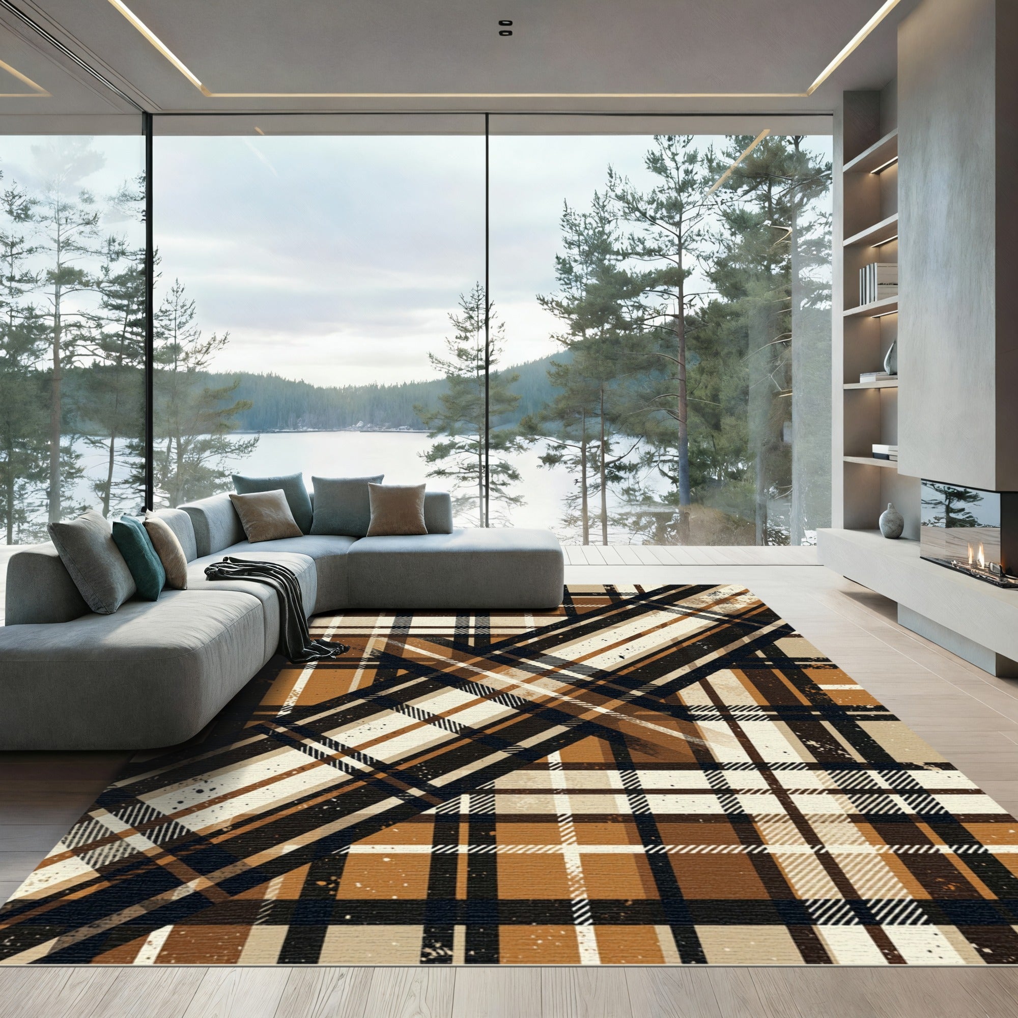 Rustic Tan and Black Plaid Diagonal Rug