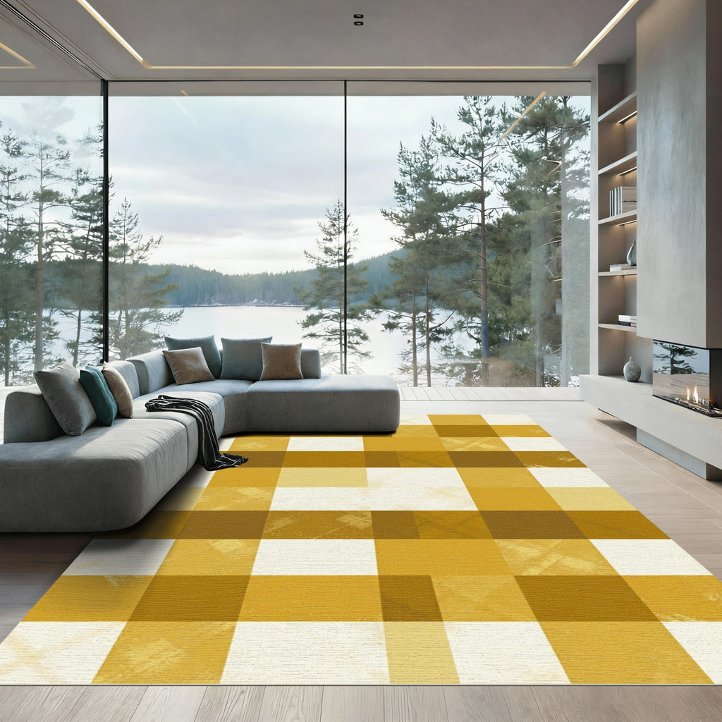 Golden Yellow Gingham Checkered Grid Rug