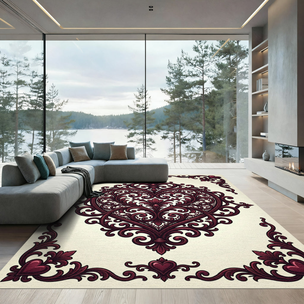 Burgundy Baroque Heart Ornamental Scroll Rug