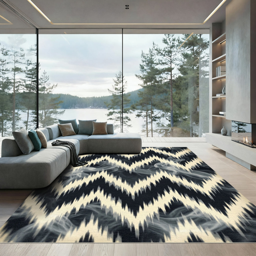 Contrasting Monochrome Zigzag Smoke Graphic Rug