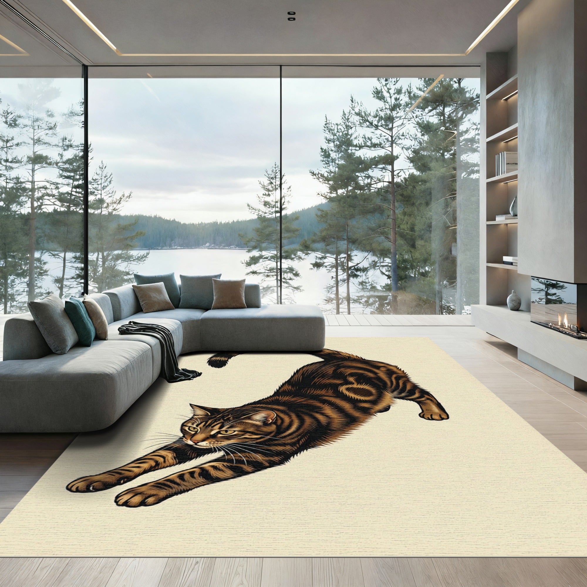 Brown Tabby Stretching Cat Rug