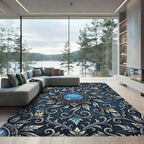 Elegant Midnight Blue Ornate Floral Medallion Rug