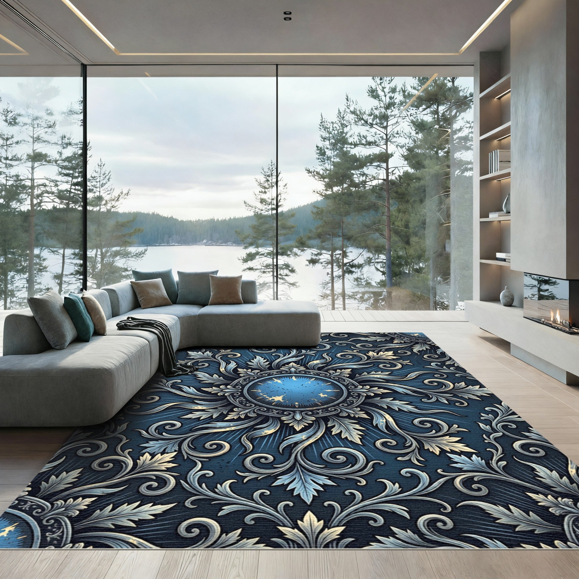 Elegant Midnight Blue Ornate Floral Medallion Rug