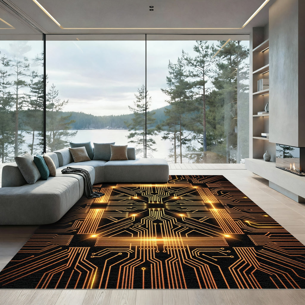 Glowing Orange Circuit Board Lines Rug