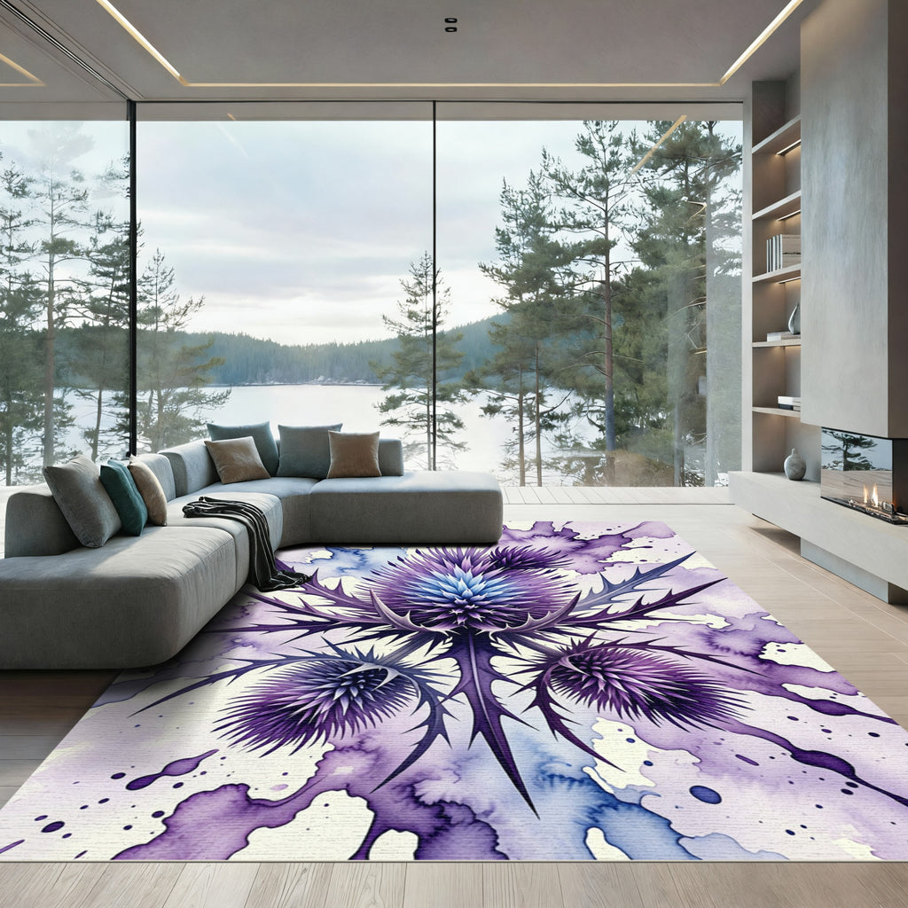 Abstract Watercolor Purple Thistle Bloom Rug