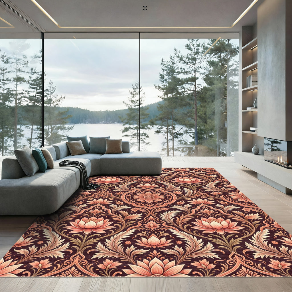 Coral Pink Lotus Floral Damask Rug