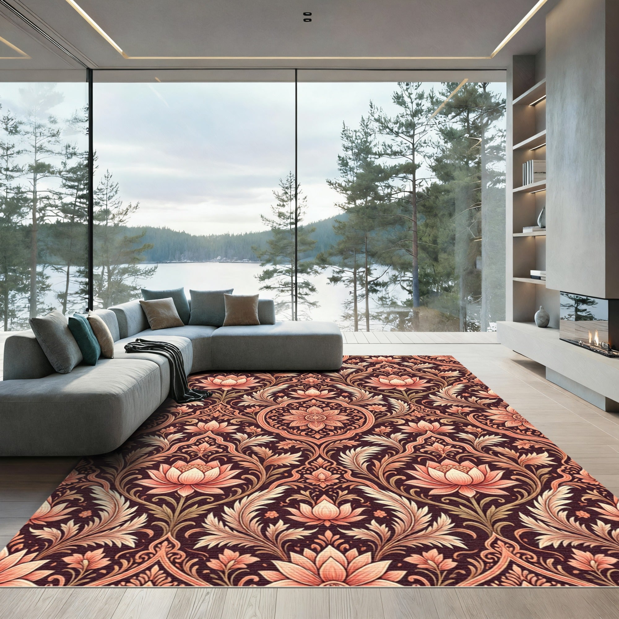 Coral Pink Lotus Floral Damask Rug