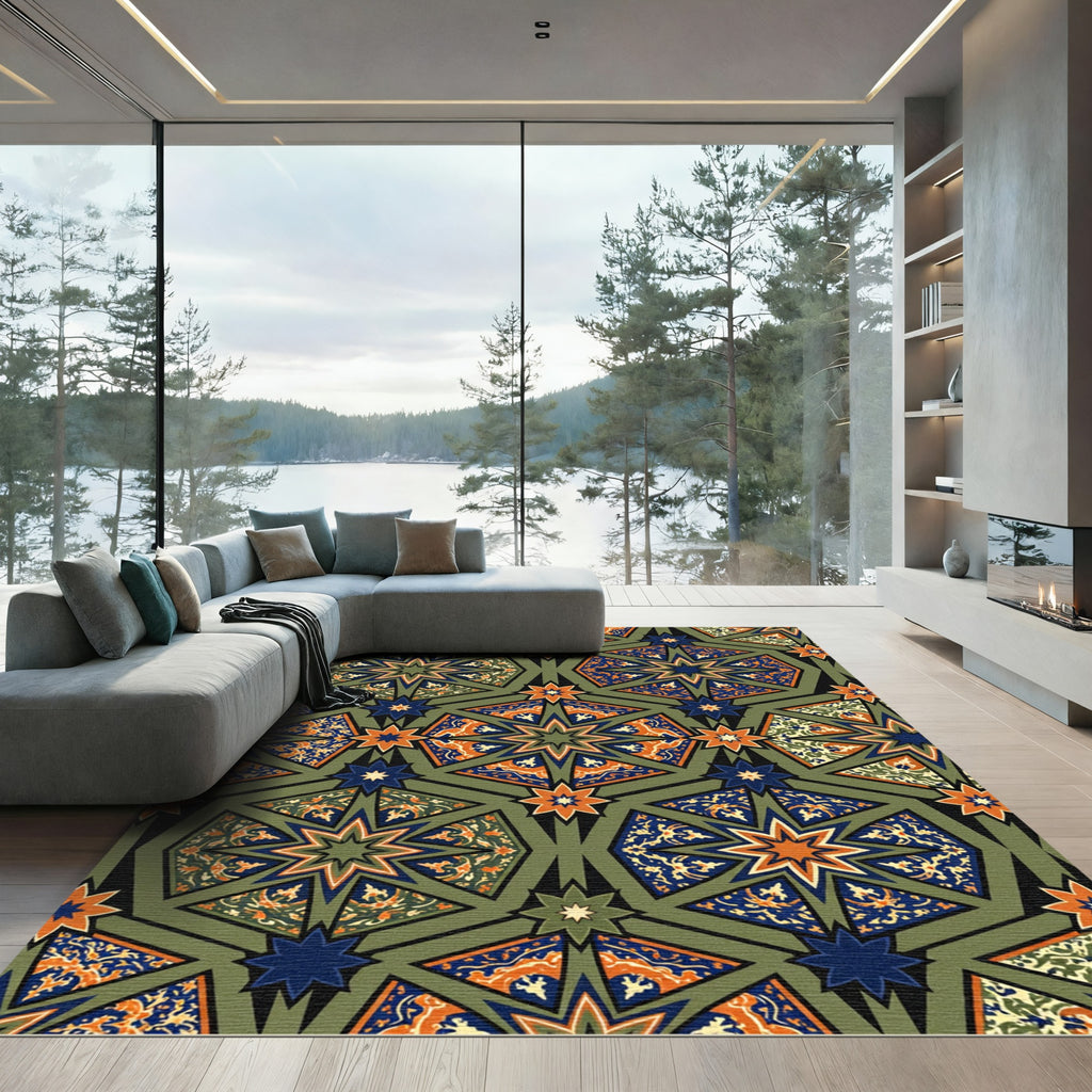 Green and Orange Geometric Star Mosaic Rug