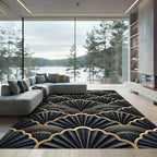 Elegant Art Deco Black Gold Fan Rug