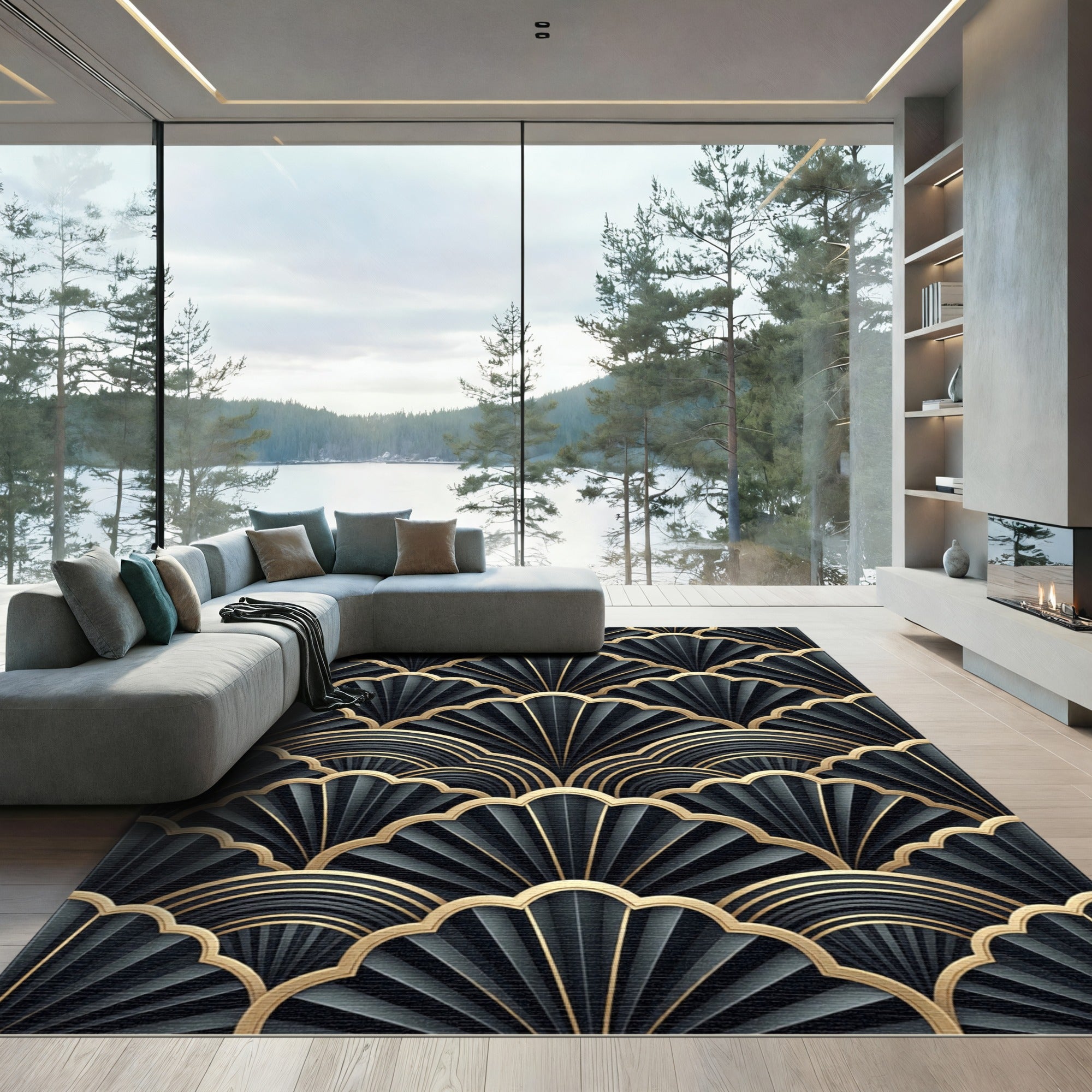 Elegant Art Deco Black Gold Fan Rug