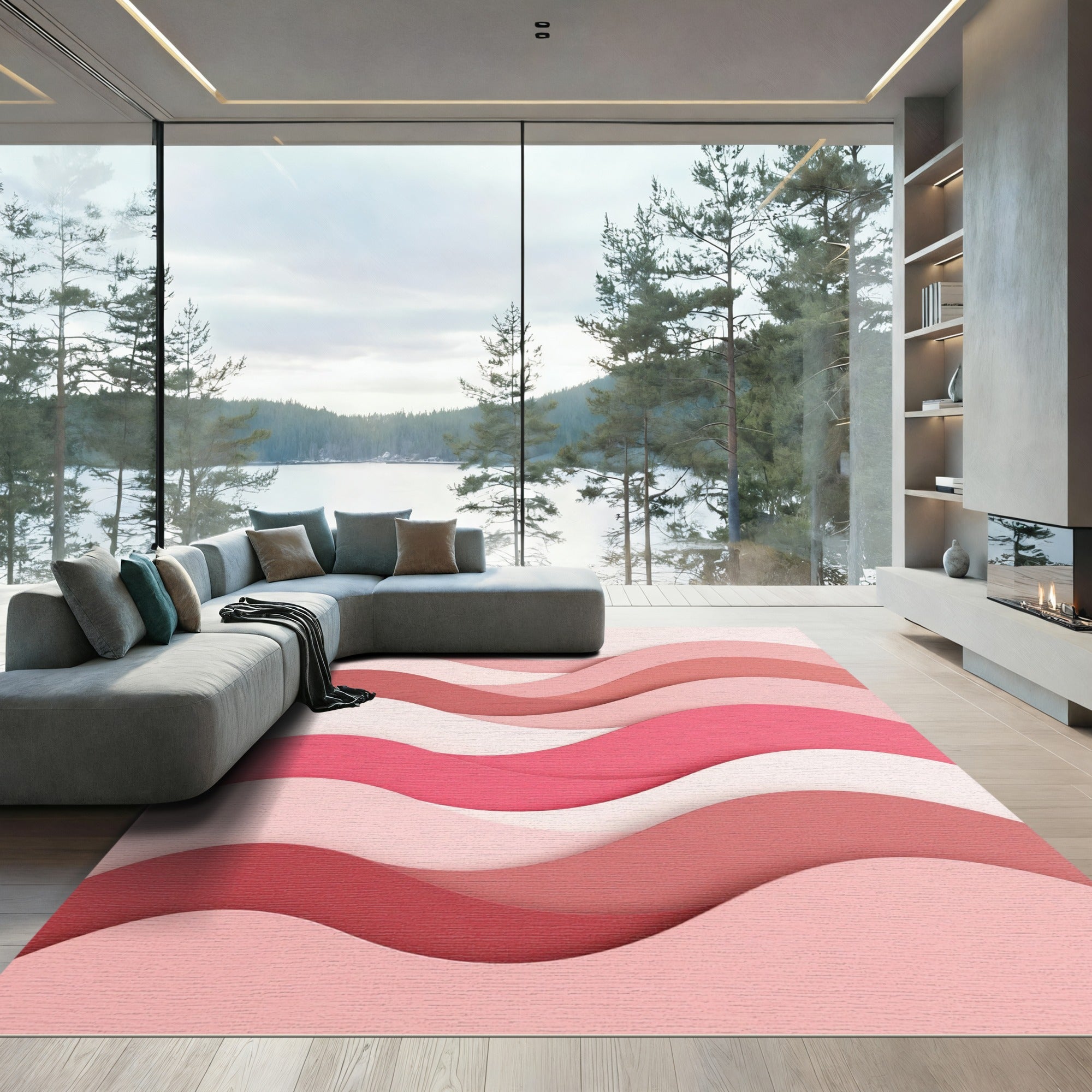 Abstract Wavy Layers in Soft Pink Rug