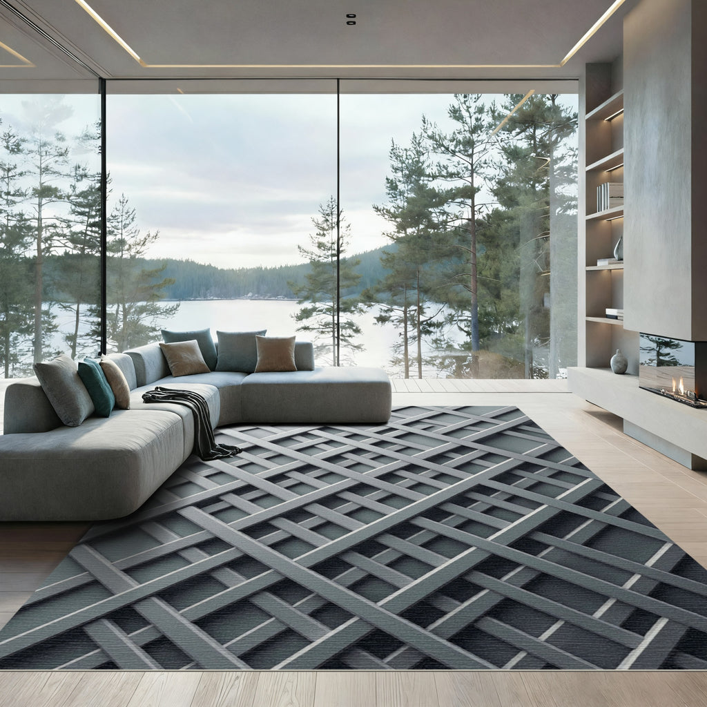 Modern Silver Intersecting Grid Lattice Rug