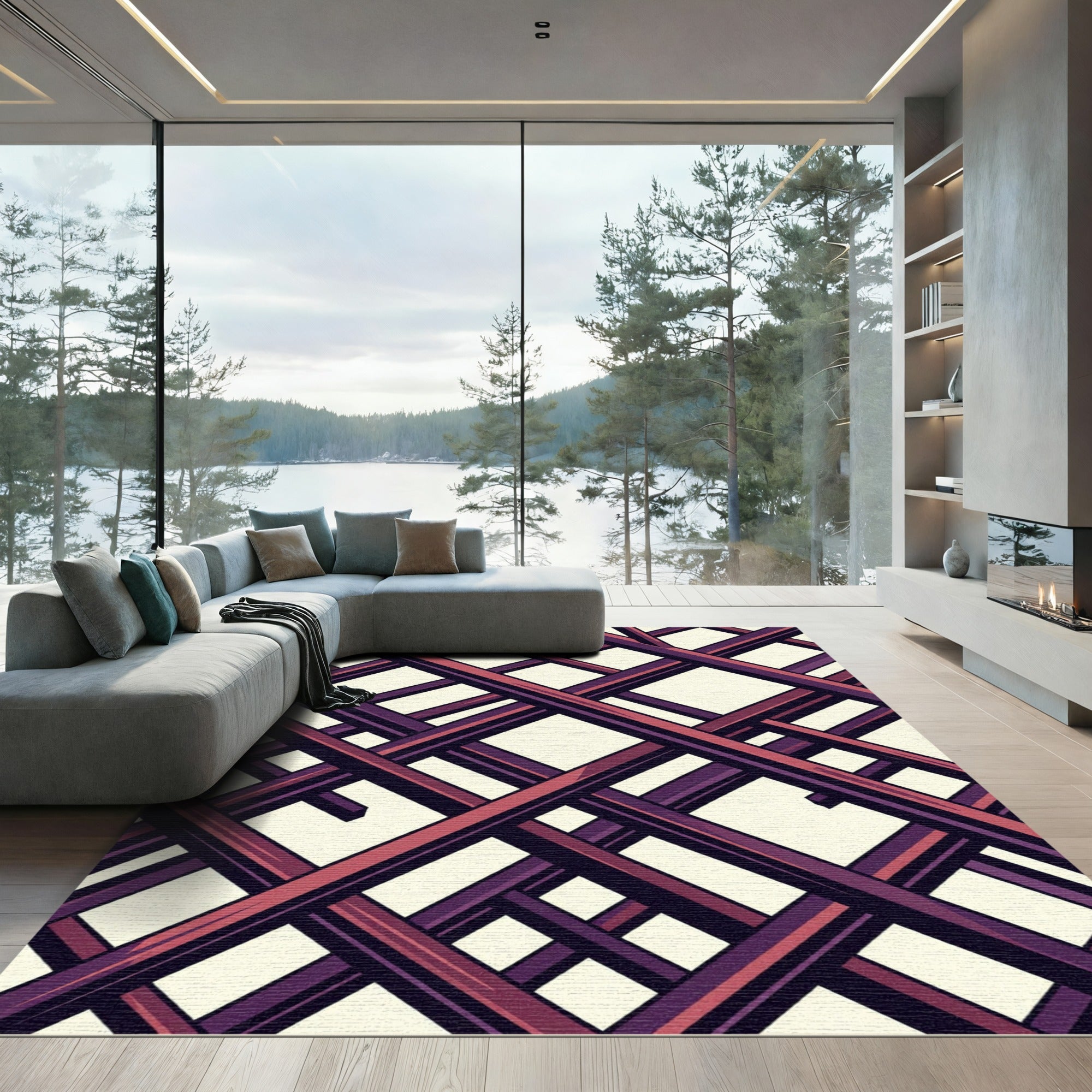 Geometric Crimson and Plum Intersecting Grid Rug
