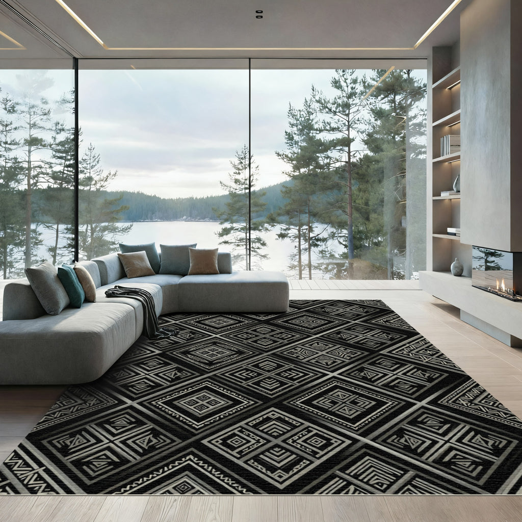Monochrome Geometric Diamond Tribal Rug