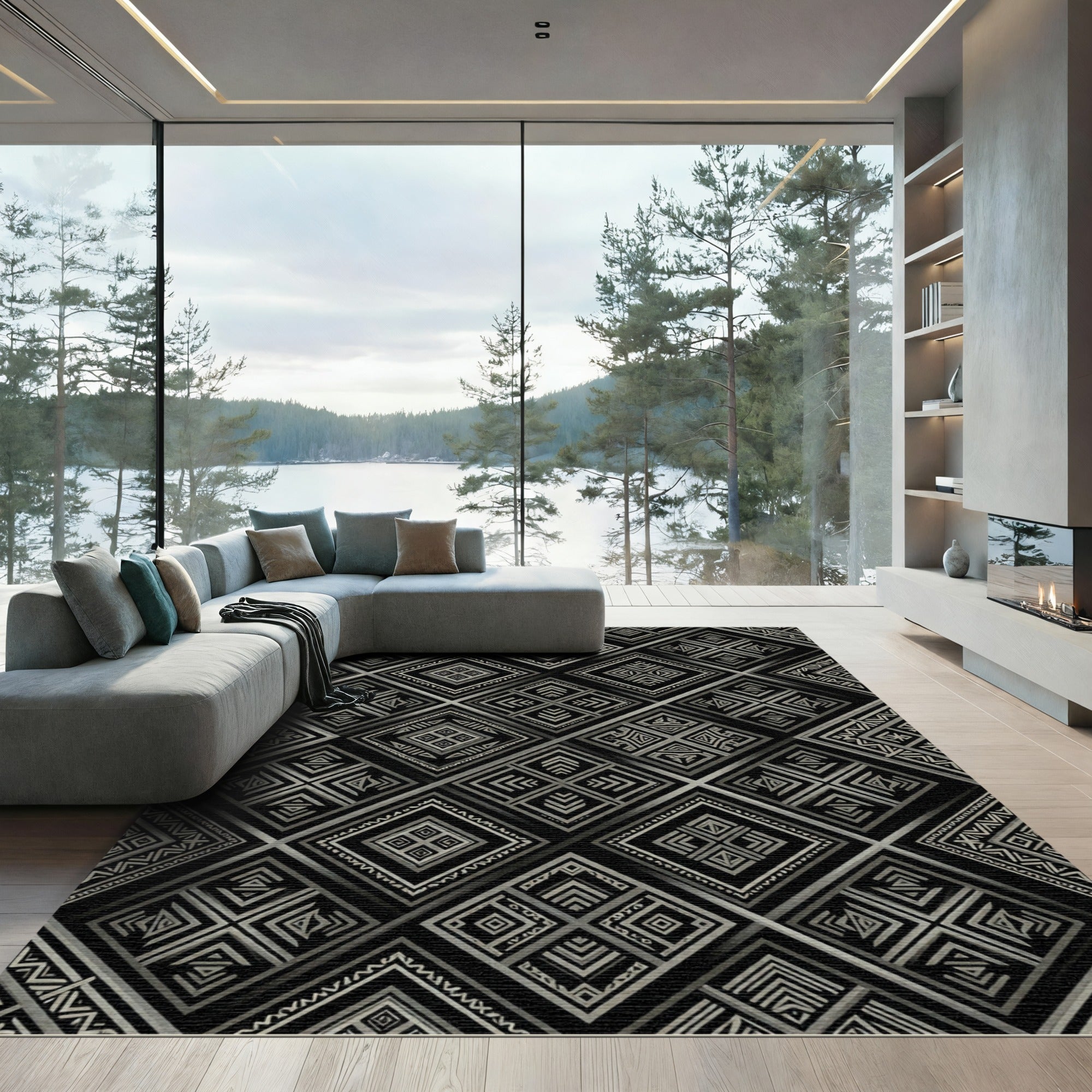 Monochrome Geometric Diamond Tribal Rug