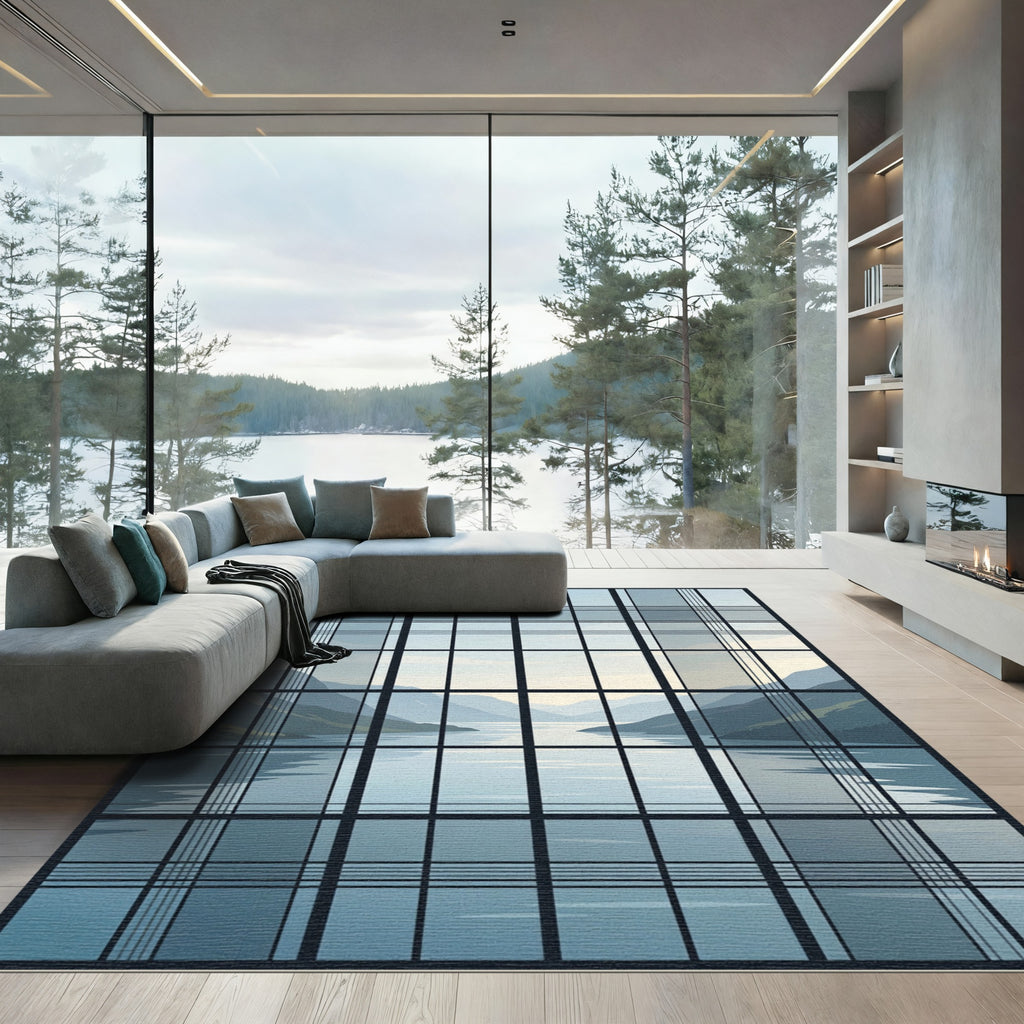 Serene Mountain Lake Grid Window View Rug
