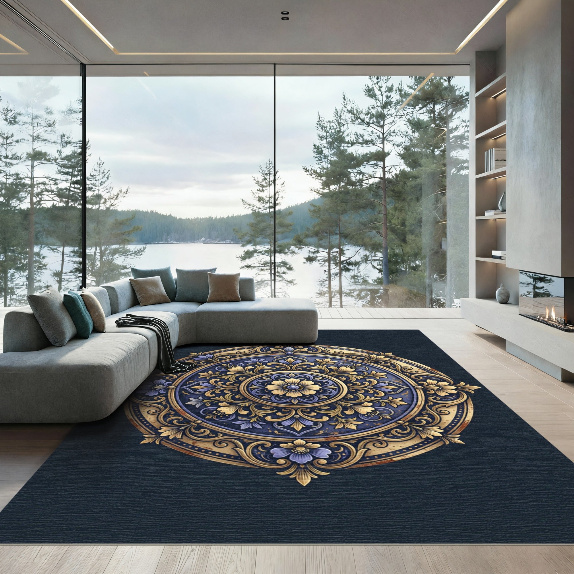 Ornate Deep Blue Floral Medallion Rug