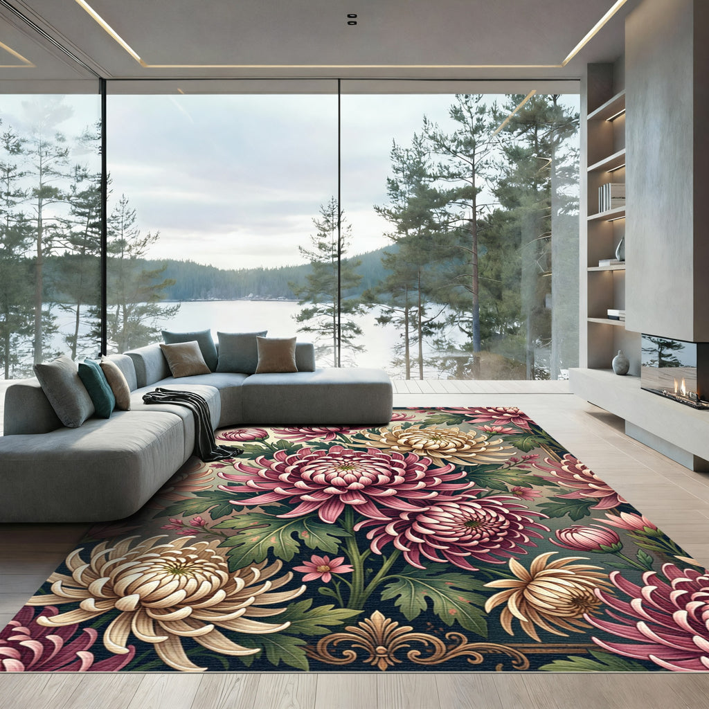 Blush and Cream Chrysanthemum Botanical Art Rug